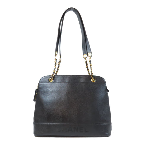 CHANEL CC GHW Vintage Tote Bag Chain Shoulder Bag Calfskin Leather Black