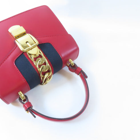 GUCCI GG GHW Sylvie Mini Shoulder Bag 2 Way Shoulder Handbag 470270 Calfskin Red