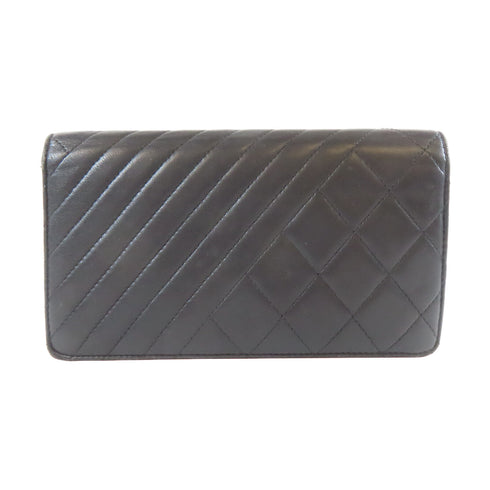 CHANEL Quilted Herringbone CC SHW Long Bifold Wallet Lambskin Leather Black