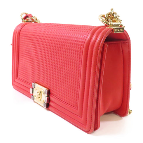CHANEL GHW Boy Chanel 25cm Chain Shoulder Bag Calfskin Leather Red