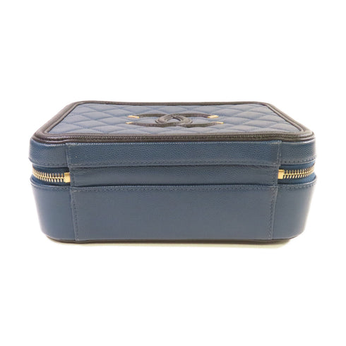 CHANEL Quilted CC Filigree Vanity Case Shoulder Bag Caviar Skin Leather Blue