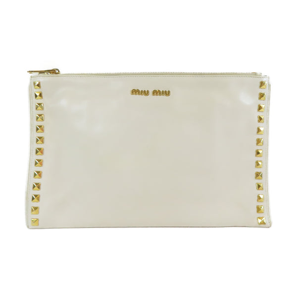 Miu Miu GHW Clutch Pouch With Handle Handbag RP0370 Calfskin Leather White