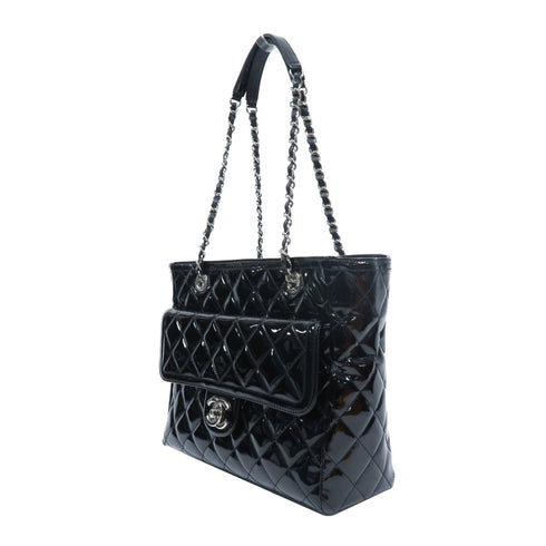 CHANEL Quilted CC SHW Chain Shoulder Bag Patent Leather Black