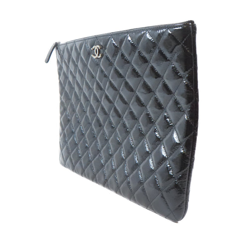 CHANEL Quilted CC SHW Pouch Patent Leather Black