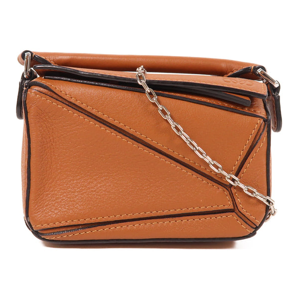 LOEWE SHW Nano Puzzle Chain Shoulder Bag Calfskin Leather Tan