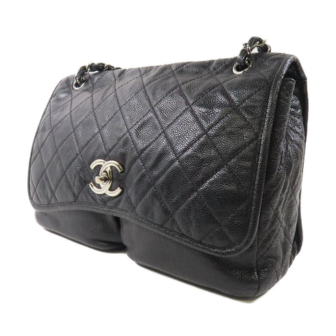 CHANEL CC SHW Split Pocket Flap Chain Shoulder Bag Calfskin Leather Black