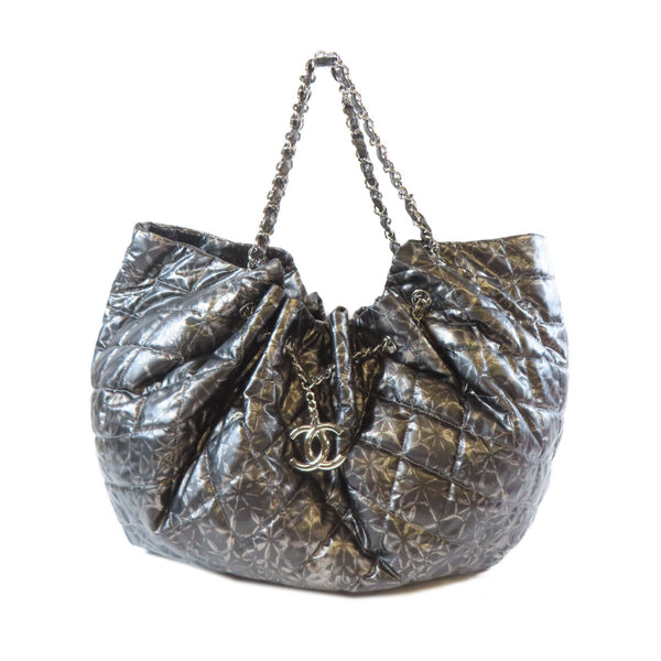 CHANEL Quilted CC SHW Shoulder Handbag Nylon Black Silver Gray