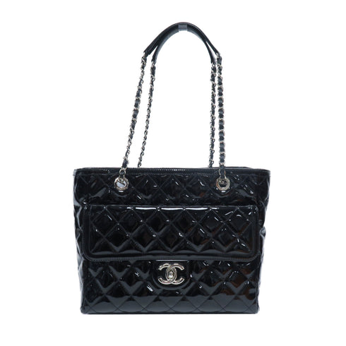 CHANEL Quilted CC SHW Chain Shoulder Bag Patent Leather Black