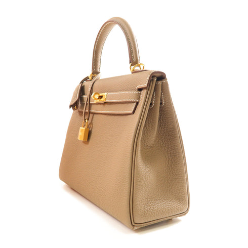 HERMES GHW Kelly 25 2way Shoulder Bag Celemence Leather Etoupe Grey