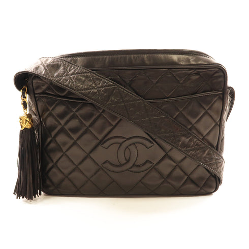 CHANEL CC GHW Matelasse Fringe Shoulder Bag Lambskin Leather Black