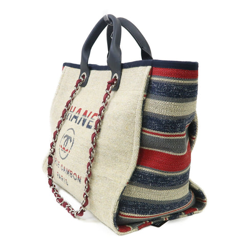 CHANEL CC SHW Deauville Tote 2 Way Shoulder Bag Handbag Canvas Beige/Blue/Red