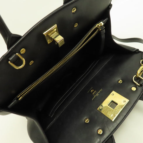 Salvatore Ferragamo GHW Studio Bag 2Way Shoulder Calfskin Leather AU-21 Black