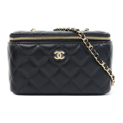 CHANEL Quilted CC GHW Chain Shoulder Vanity Case Bag Lambskin Leather Black