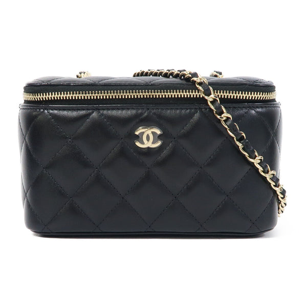 CHANEL Quilted CC GHW Chain Shoulder Vanity Case Bag Lambskin Leather Black