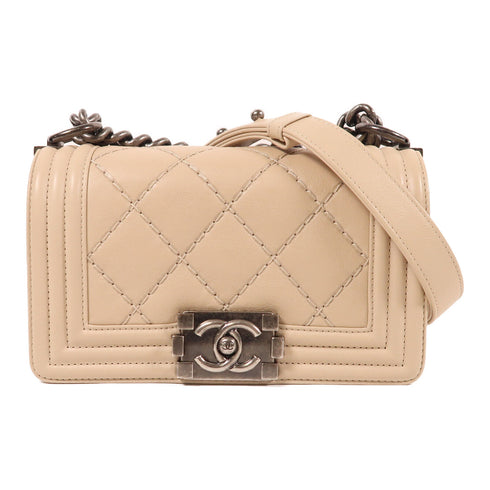 CHANEL CC Boy 20 Chain Shoulder Bag Lambskin Beige
