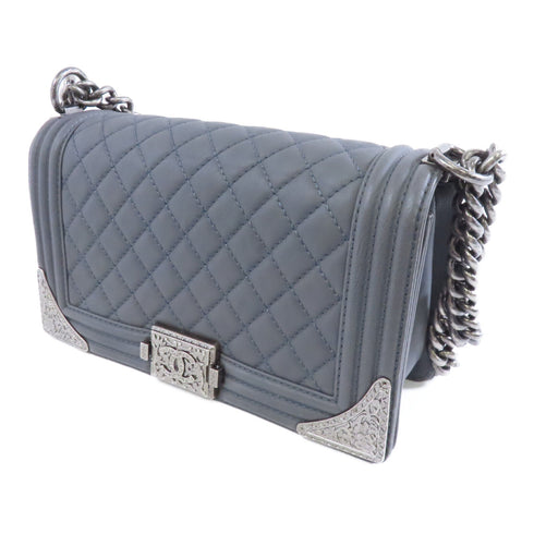 CHANEL Quilted CC SHW Le Boy 25 Chain Shoulder Bag Lambskin Leather Dark Grey