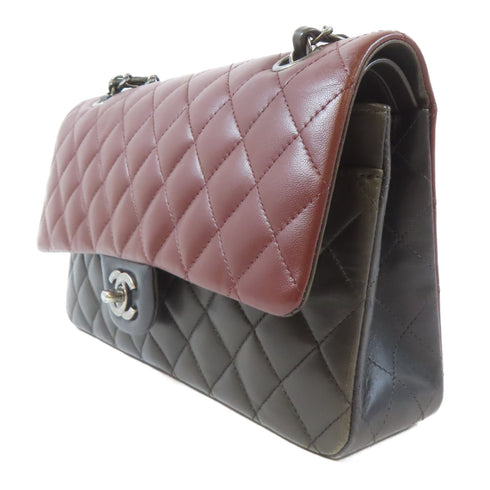 CHANEL Quilted CC SHW Classic Double Flap Chain Shoulder Bag Lambskin Black Red