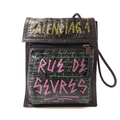 BALENCIAGA Shoulder Pouch Graffiti Bag Crossbody 532298 Leather Black