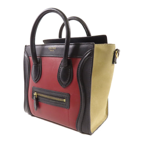CELINE GHW Nano Luggage 2 Way Bag Suede Calfskin Leather Red Black Beige