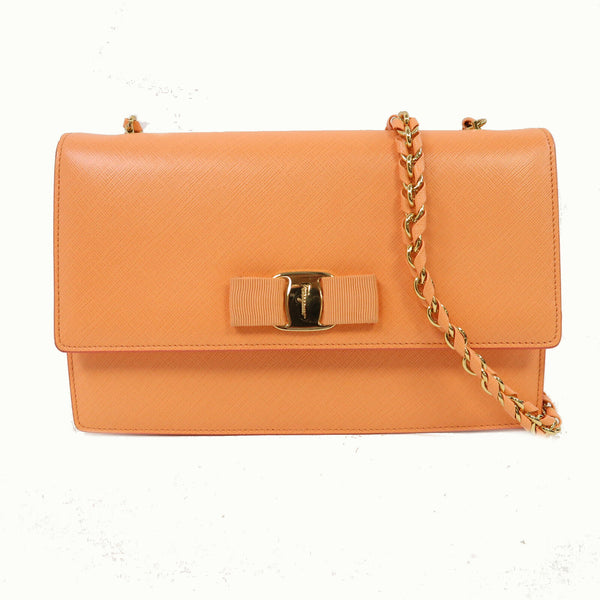 Salvatore Ferragamo GHW Chain Shoulder Bag Calfskin Leather Red