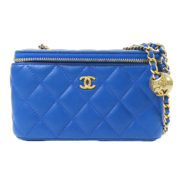CHANEL Quilted CC GHW Vanity Case Chain Shoulder Bag Lambskin Leather Blue