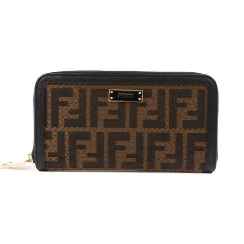 FENDI GHW Long Round Zipper Wallet 8M0024 Canvas Brown Black