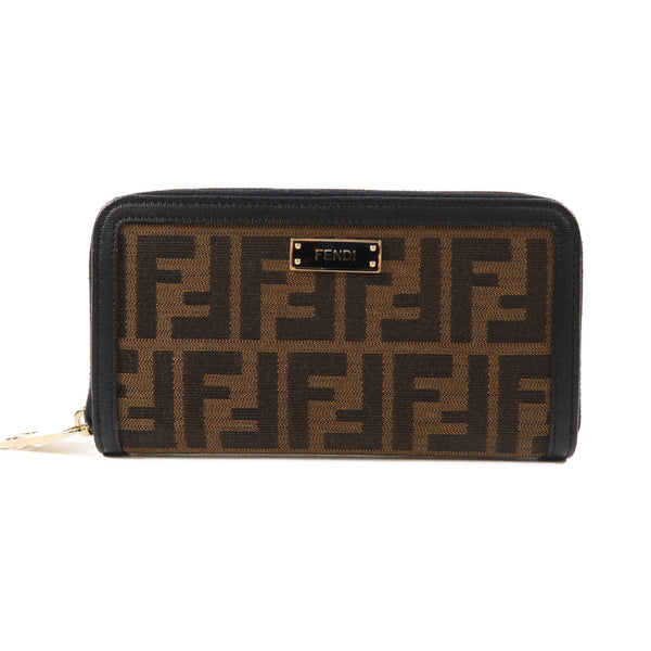FENDI GHW Long Round Zipper Wallet 8M0024 Canvas Brown Black