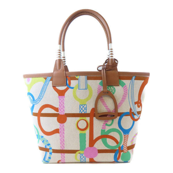 HERMES PHW Steeple 28 Tote Bag Shoulder Handbag Canvas Cuivre Brown Lime Ecru