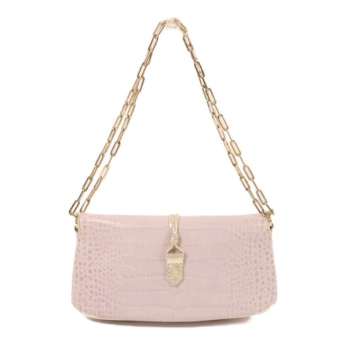 Valentino GHW Chain Shoulder Bag Embossed Calfskin Leather Light Purple