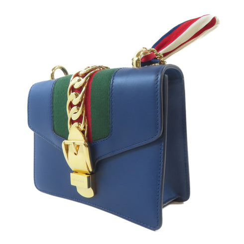 GUCCI GG GHW Sylvie Mini Bag Chain Shoulder Bag 431666 Calfskin Leather Blue