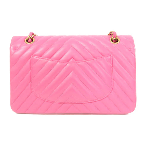 CHANEL Herringbone CC GHW Classic Flap 25cm Chain Shoulder Bag Leather Pink
