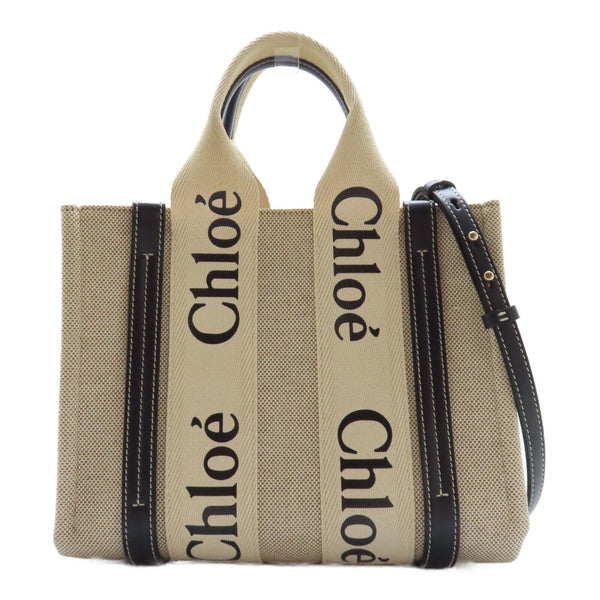 Chloe GHW Mini Woody Tote 2 Way Shoulder Bag Canvas Beige Black
