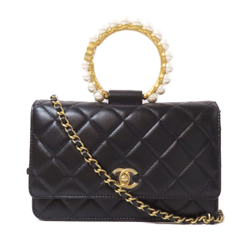 CHANEL Quilted CC GHW Pearl Handle Bag 2 Way Shoulder Lambskin Leather Black