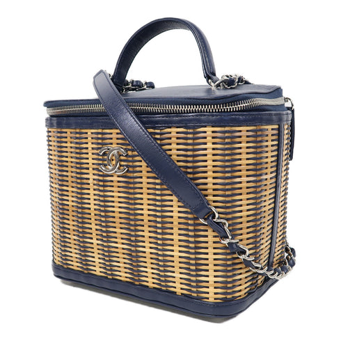 CHANEL CC SHW Chain Shoulder Bag Lambskin Leather/Rattan Blue