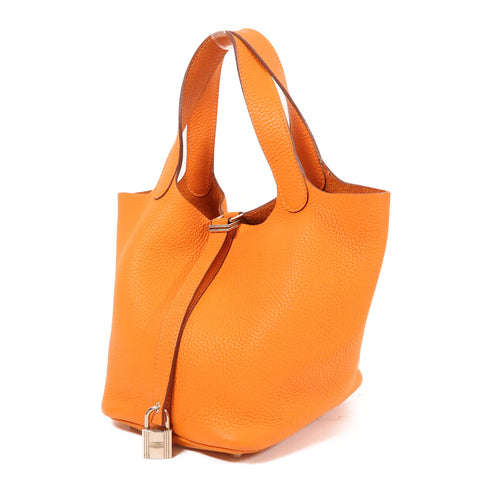 HERMES PHW Picotin PM Hand Bag/Bucket Tote Bag Clemence Leather Orange