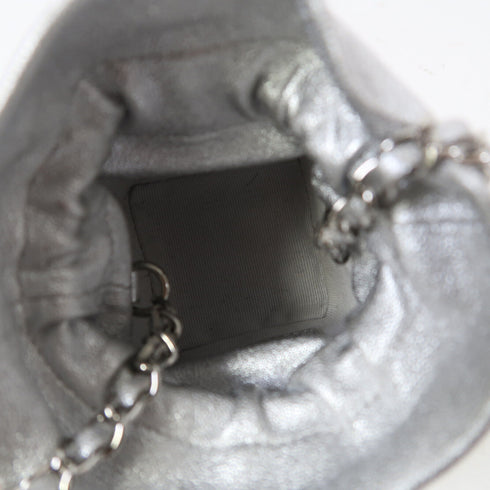 CHANEL CC SHW Micro Drawstring Bucket Bag Shoulder Bag Lambskin Leather Sliver