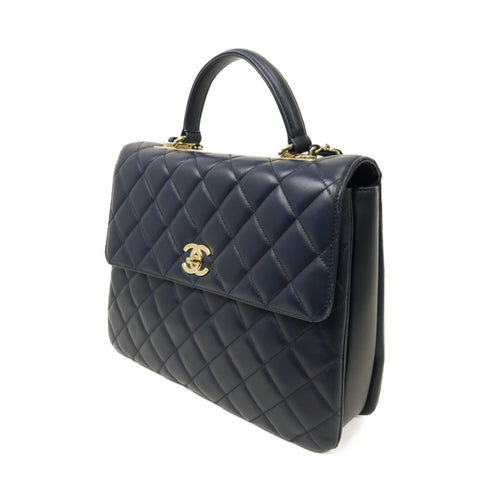 CHANEL Quilted CC GHW Large Trendy 2way Chain Shoulder Bag Lambskin Leather Navy