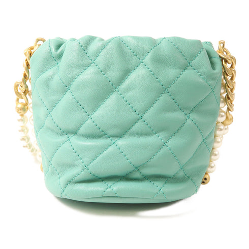 CHANEL CC GHW Pearl Bucket Shoulder Bag Lambskin Leather Green