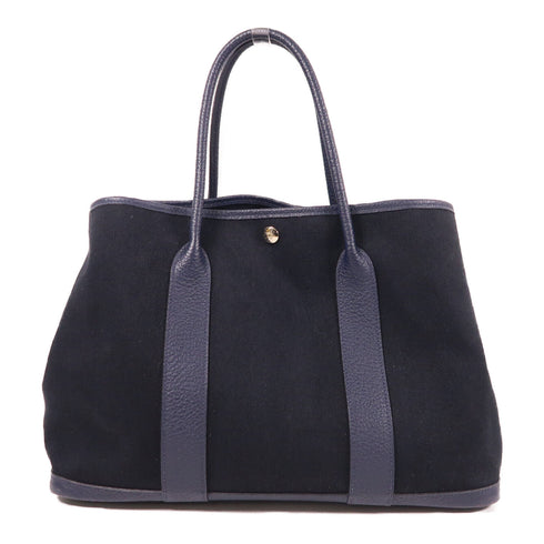 HERMES PHW Garden Party PM Handbag Canvas Navy Black