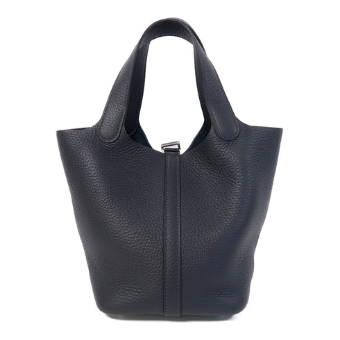 HERMES PHW Picotin PM Handbag Gray Clemence Leather Dark Grey Caban