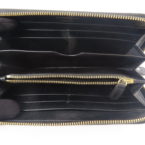SALVATORE FERRAGAMO GHW Zipper Long Wallet Calfskin Leather Black