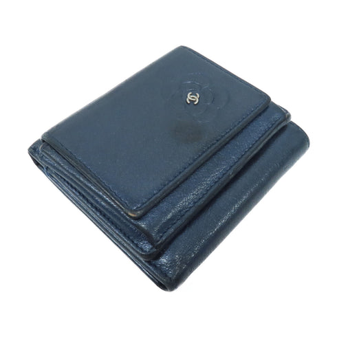 CHANEL CC SHW Camellia Fold Wallet Calfskin Leather Blue