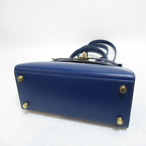 HERMES GHW Mini Kelly 2way Handbag Box Calf Leather Blue Used Y 1995