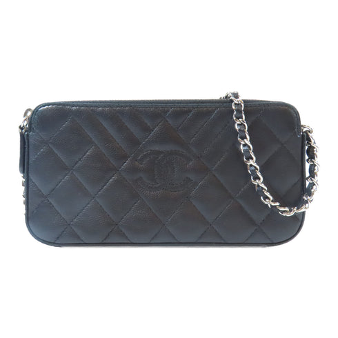 CHANEL Quilted/Herringbone CC SHW Chain Shoulder Bag Calfskin Leather Black