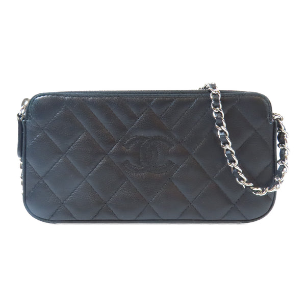 CHANEL Quilted/Herringbone CC SHW Chain Shoulder Bag Calfskin Leather Black