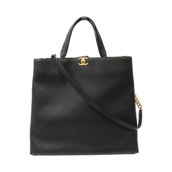 CHANEL Quilted CC GHW 2 Way Shoulder Tote Bag Handbag Caviar Leather Black