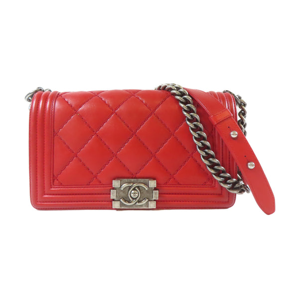 CHANEL Quilted CC Boy Chain Shoulder Bag Calfskin Leather Red
