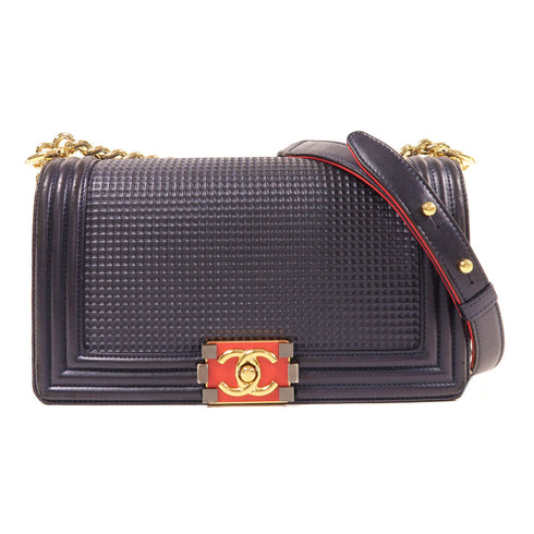 CHANEL CC GHW Boy 25 Shoulder Bag Calfskin Leather Navy/Red