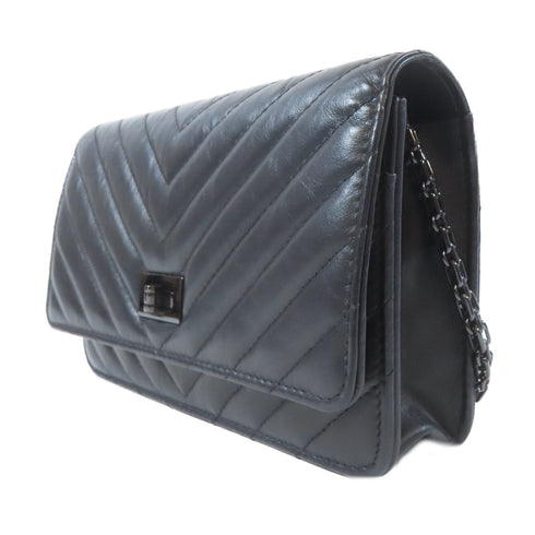 CHANEL Herringbone CC 2.55 WOC Wallet On Chain Shoulder Bag Calfskin Black
