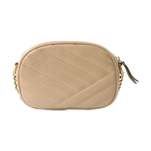 TORY BURCH GHW Kira Chevron Camera Shoulder Bag 152353 Calfskin Leather Beige
